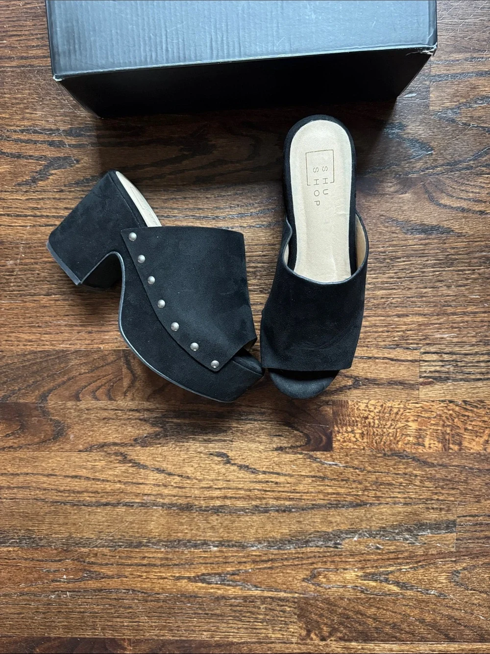 Like new ShuShop Gina black suede open toe platform heels / clogs. Size 7.5